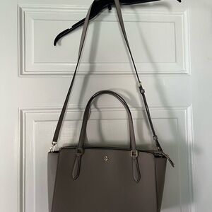 Tory Burch Taupe Convertible Satchel with Gold Logo